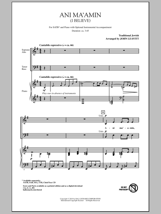 Learn to play John Leavitt Ani Ma'amin (I Believe) sheet music for TTBB Choir in minutes. Price: 3.9900$ John Leavitt Ani Ma'amin (I Believe) sheet music notes and chords arranged for TTBB Choir