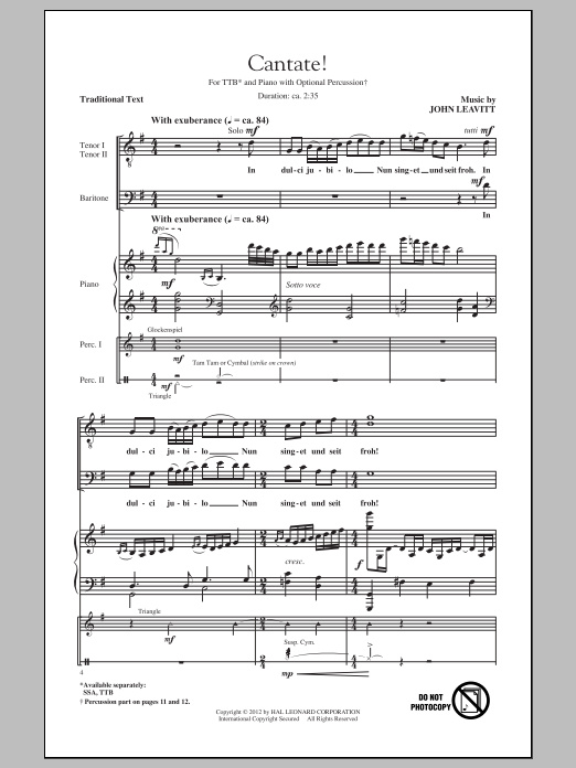 John Leavitt Cantate! sheet music notes and chords. Download Printable PDF.