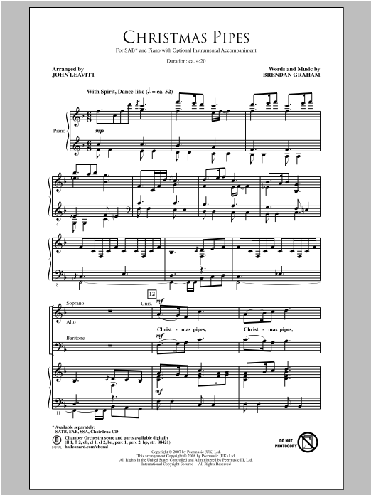 John Leavitt Christmas Pipes sheet music notes and chords. Download Printable PDF.