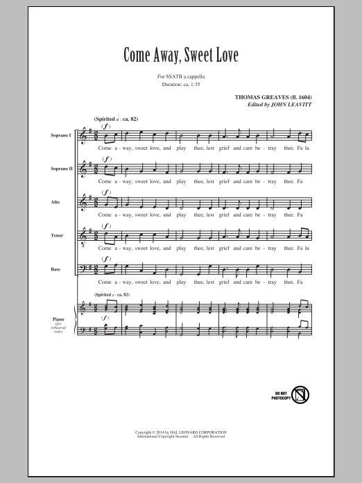 John Leavitt Come Away, Sweet Love sheet music notes and chords arranged for SATB Choir