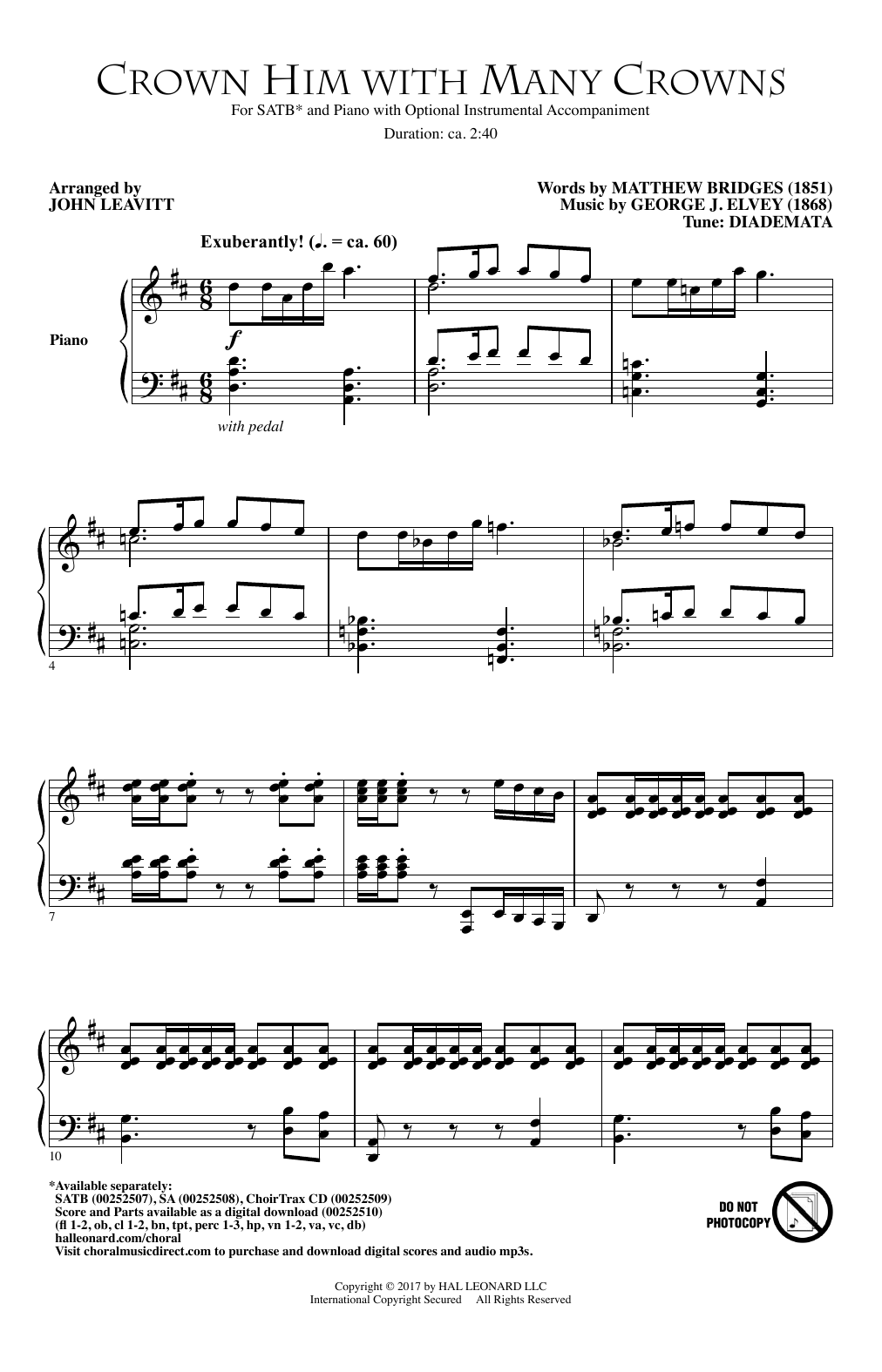 Learn to play John Leavitt Crown Him With Many Crowns sheet music for SATB Choir in minutes. Price: 3.9900$ John Leavitt Crown Him With Many Crowns sheet music notes and chords arranged for SATB Choir