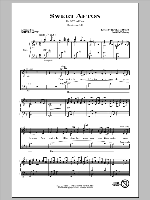 Learn to play Traditional Folksong Flow Gentle, Sweet Afton (arr. John Leavitt) sheet music for SATB Choir in minutes. Price: 3.9900$ Traditional Folksong Flow Gentle, Sweet Afton (arr. John Leavitt) sheet music notes and chords arranged for SATB Choir