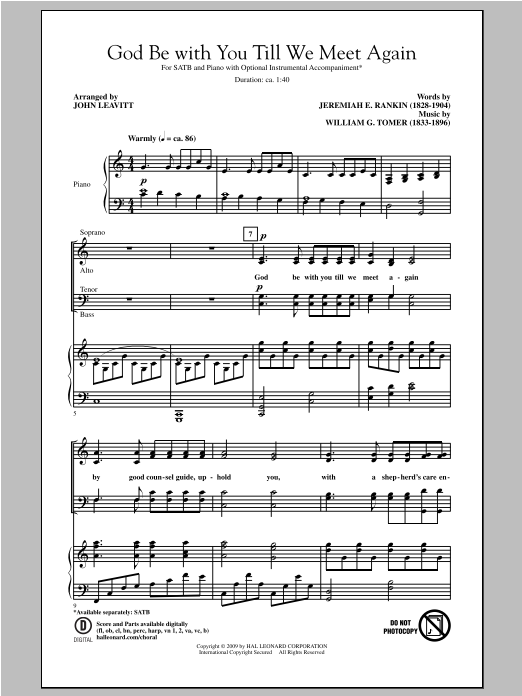 Learn to play William G. Tomer God Be With You Till We Meet Again (arr. John Leavitt) sheet music for SATB Choir in minutes. Price: 3.9900$ William G. Tomer God Be With You Till We Meet Again (arr. John Leavitt) sheet music notes and chords arranged for SATB Choir