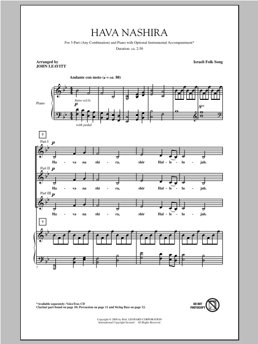 John Leavitt Hava Nashira sheet music notes and chords. Download Printable PDF.