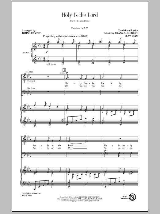 Learn to play Franz Schubert Holy Is The Lord (arr. John Leavitt) sheet music for TTBB Choir in minutes. Price: 3.9900$ Franz Schubert Holy Is The Lord (arr. John Leavitt) sheet music notes and chords arranged for TTBB Choir