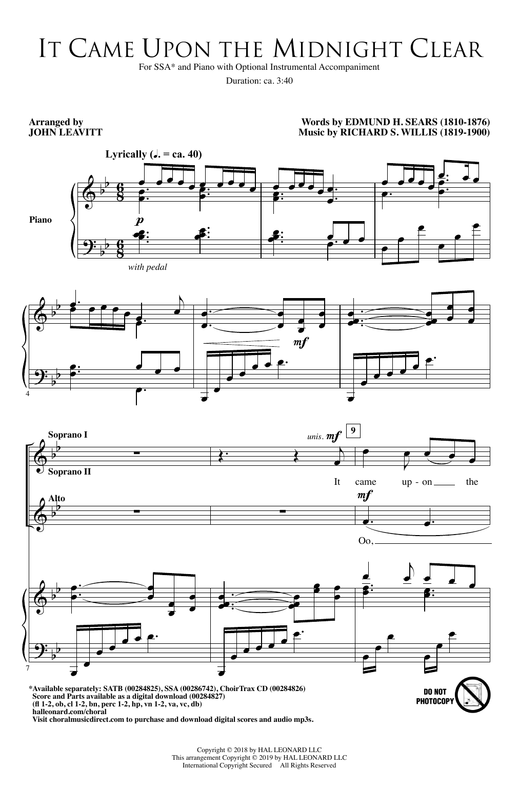 Learn to play John Leavitt It Came Upon The Midnight Clear sheet music for SSA Choir in minutes. Price: 3.9900$ John Leavitt It Came Upon The Midnight Clear sheet music notes and chords arranged for SSA Choir