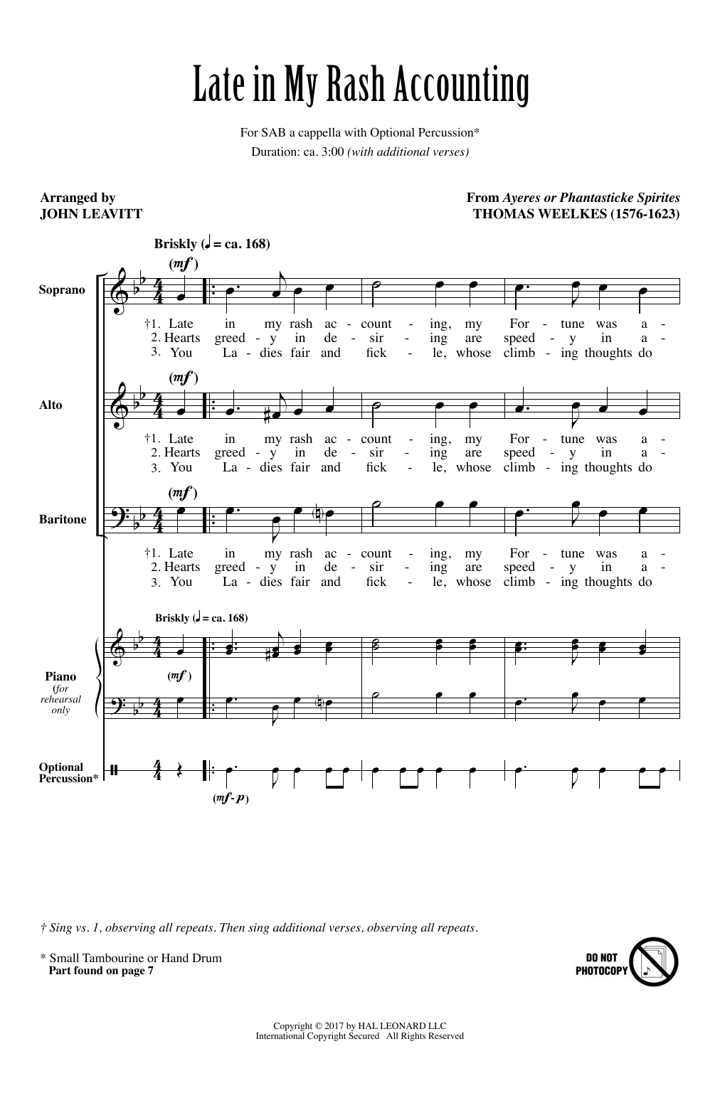 John Leavitt Late In My Rash Accounting sheet music notes and chords arranged for SAB Choir
