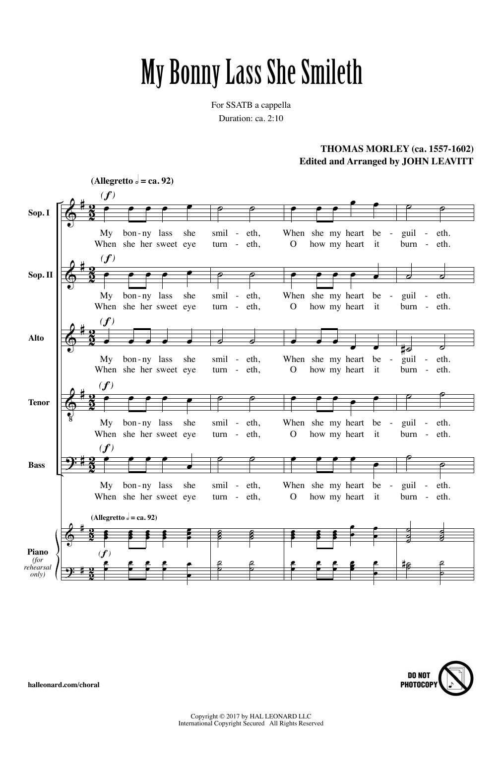 Learn to play John Leavitt My Bonny Lass She Smileth sheet music for SATB Choir in minutes. Price: 3.9900$ John Leavitt My Bonny Lass She Smileth sheet music notes and chords arranged for SATB Choir
