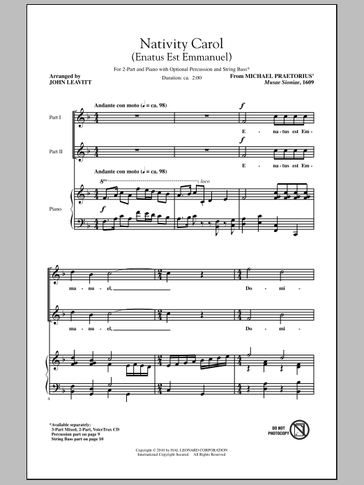 Learn to play John Leavitt Nativity Carol (Enatus Est Emmanuel) sheet music for 2-Part Choir in minutes. Price: 3.9900$ John Leavitt Nativity Carol (Enatus Est Emmanuel) sheet music notes and chords arranged for 2-Part Choir