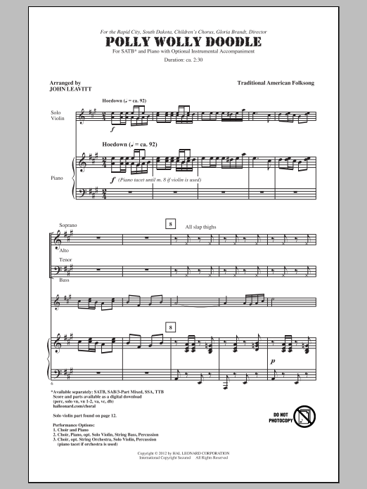 Traditional American Minstrel Polly Wolly Doodle: Polly Wolly Doodle (arr. John Leavitt) sheet music notes and chords. Download Printable PDF.