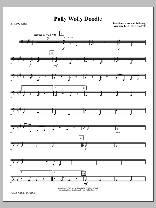 Learn to play John Leavitt Polly Wolly Doodle - String Bass sheet music for Choir Instrumental Pak in minutes. Price: 8.9900$ John Leavitt Polly Wolly Doodle - String Bass sheet music notes and chords arranged for Choir Instrumental Pak