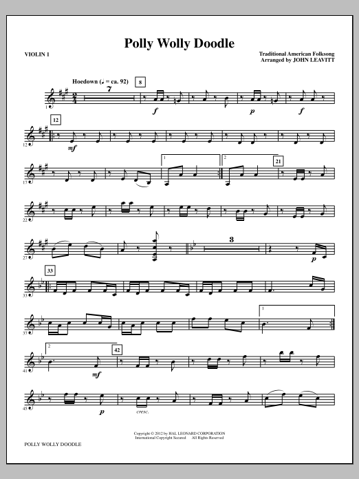 Learn to play John Leavitt Polly Wolly Doodle - Violin 1 sheet music for Choir Instrumental Pak in minutes. Price: 8.9900$ John Leavitt Polly Wolly Doodle - Violin 1 sheet music notes and chords arranged for Choir Instrumental Pak