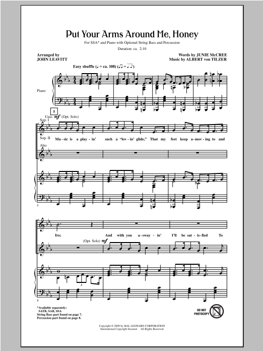 Learn to play Albert von Tilzer Put Your Arms Around Me, Honey (arr. John Leavitt) sheet music for SSA Choir in minutes. Price: 3.9900$ Albert von Tilzer Put Your Arms Around Me, Honey (arr. John Leavitt) sheet music notes and chords arranged for SSA Choir