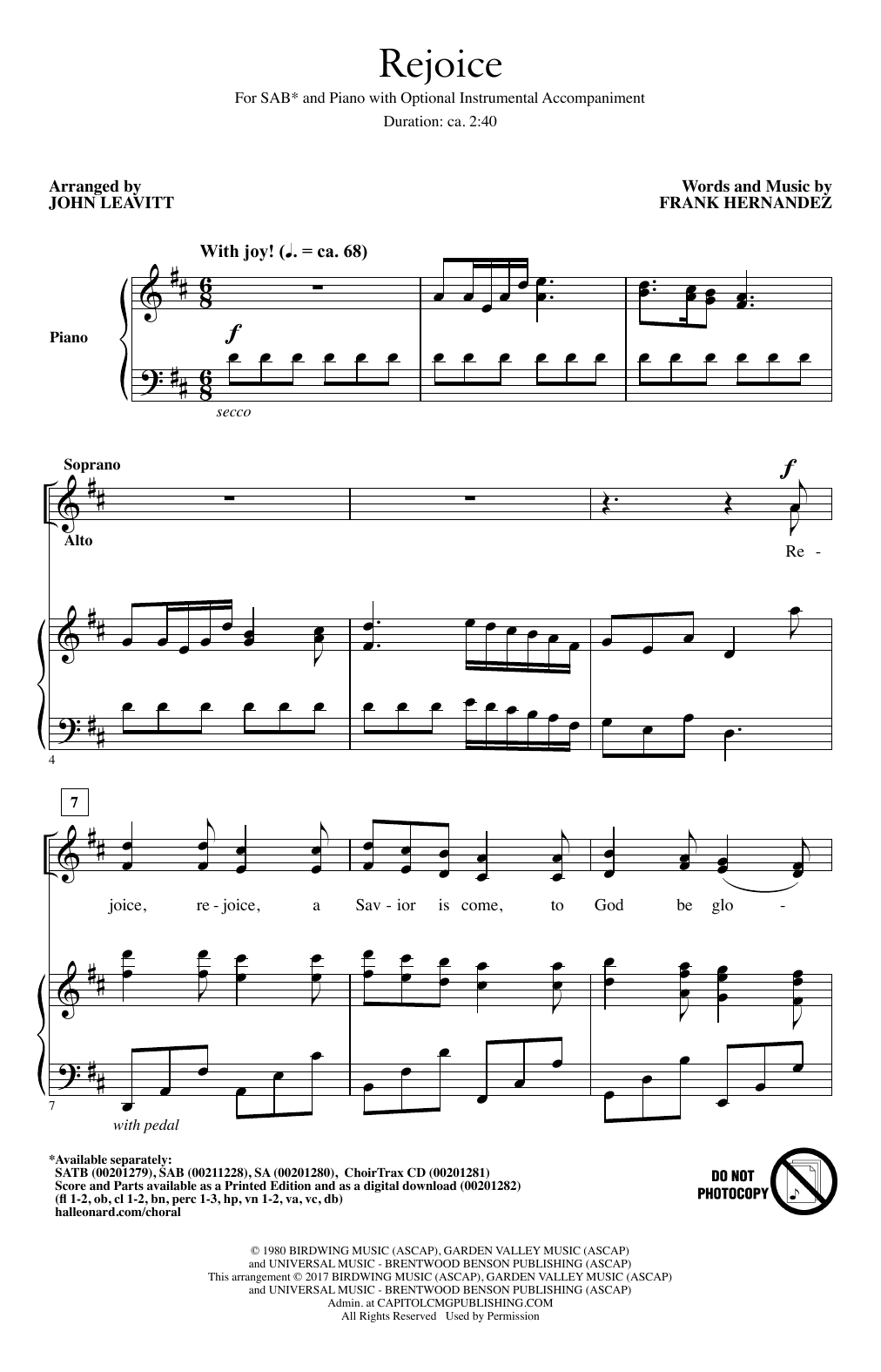 John Leavitt Rejoice sheet music notes and chords. Download Printable PDF.