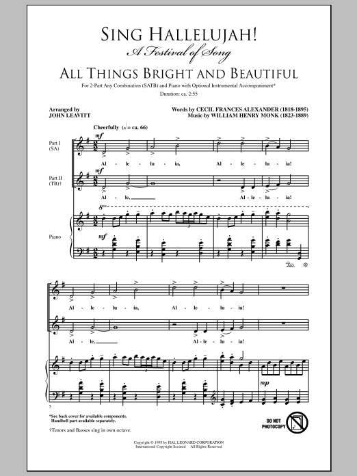 Learn to play John Leavitt Sing Hallelujah! A Festival Of Song sheet music for SATB Choir in minutes. Price: 7.9900$ John Leavitt Sing Hallelujah! A Festival Of Song sheet music notes and chords arranged for SATB Choir