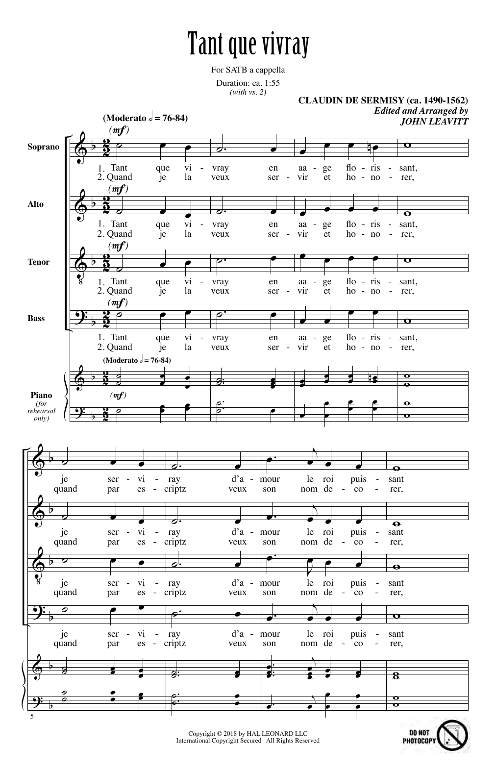 John Leavitt Tant Que Vivray sheet music notes and chords. Download Printable PDF.