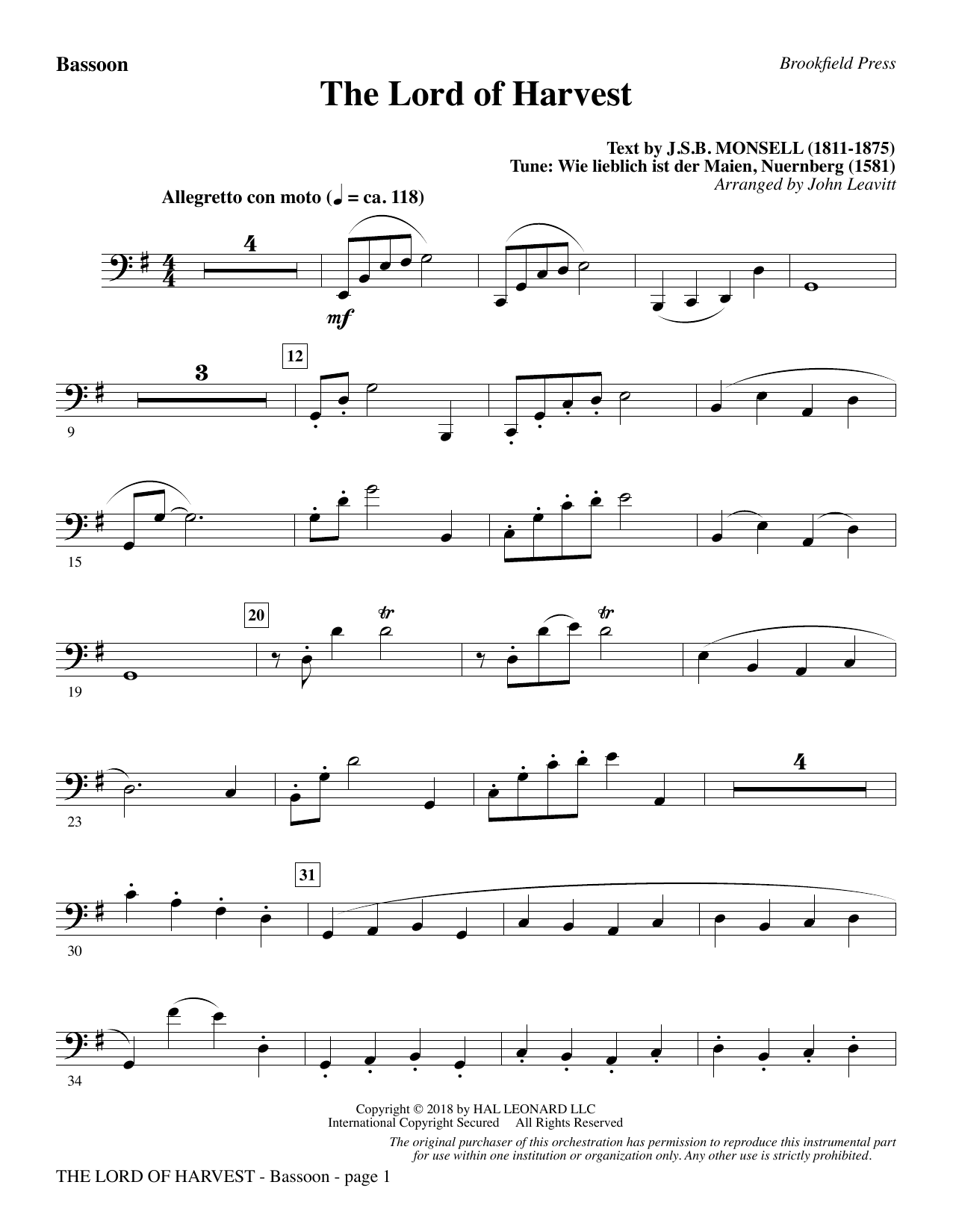 Learn to play John Leavitt The Lord of Harvest - Bassoon sheet music for Choir Instrumental Pak in minutes. Price: 8.9900$ John Leavitt The Lord of Harvest - Bassoon sheet music notes and chords arranged for Choir Instrumental Pak