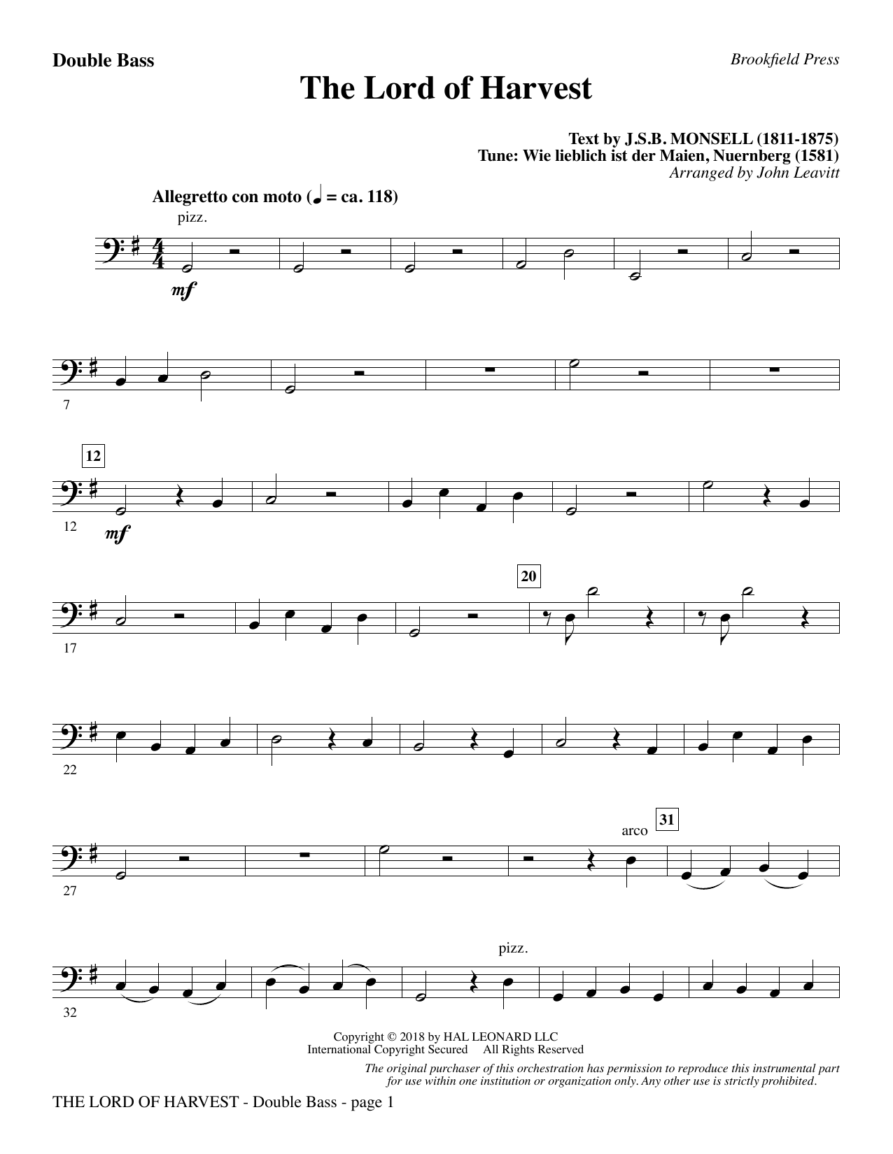 Learn to play John Leavitt The Lord of Harvest - Double Bass sheet music for Choir Instrumental Pak in minutes. Price: 8.9900$ John Leavitt The Lord of Harvest - Double Bass sheet music notes and chords arranged for Choir Instrumental Pak