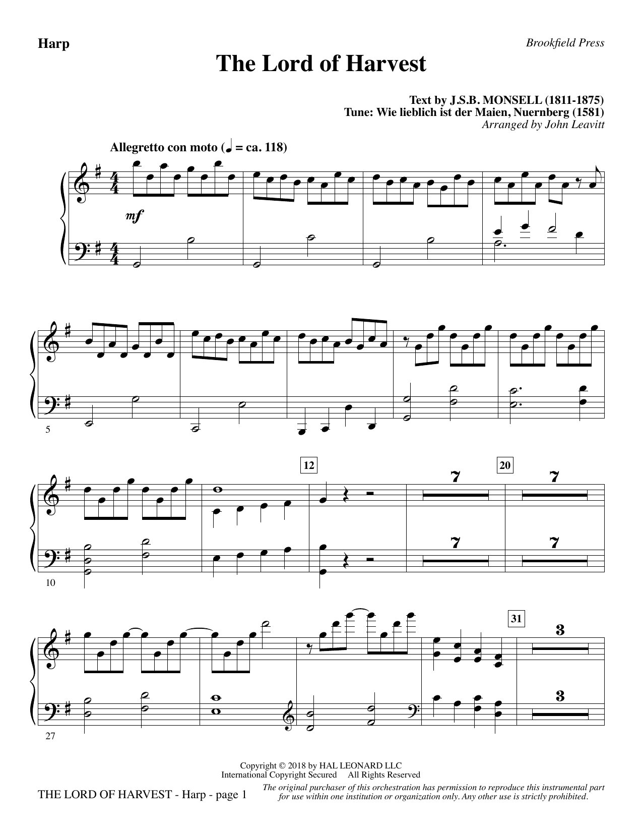 Learn to play John Leavitt The Lord of Harvest - Harp sheet music for Choir Instrumental Pak in minutes. Price: 8.9900$ John Leavitt The Lord of Harvest - Harp sheet music notes and chords arranged for Choir Instrumental Pak