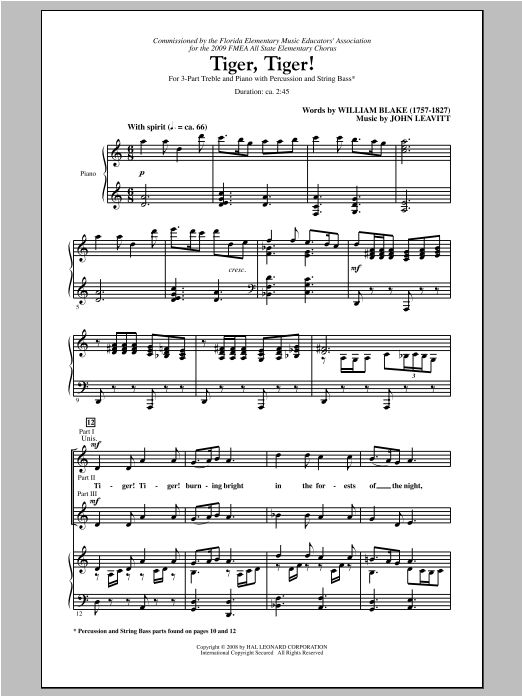 John Leavitt Tiger, Tiger! sheet music notes and chords. Download Printable PDF.