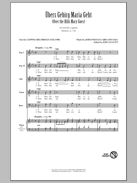Learn to play John Leavitt Ubers Gebirg Maria Geht (Over The Hills Mary Goes) sheet music for SATB Choir in minutes. Price: 3.9900$ John Leavitt Ubers Gebirg Maria Geht (Over The Hills Mary Goes) sheet music notes and chords arranged for SATB Choir