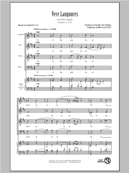 Learn to play John Leavitt Vere Languores sheet music for SATB Choir in minutes. Price: 3.9900$ John Leavitt Vere Languores sheet music notes and chords arranged for SATB Choir