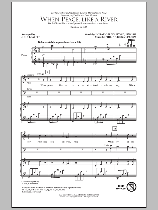 Learn to play John Leavitt When Peace Is Like A River sheet music for SATB Choir in minutes. Price: 3.9900$ John Leavitt When Peace Is Like A River sheet music notes and chords arranged for SATB Choir