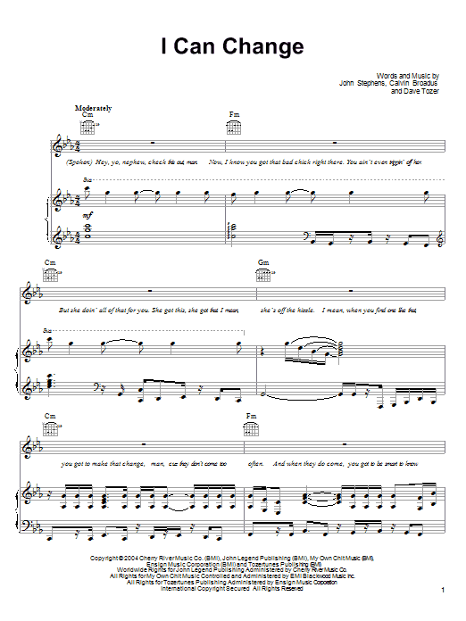 John Legend I Can Change sheet music notes and chords. Download Printable PDF.