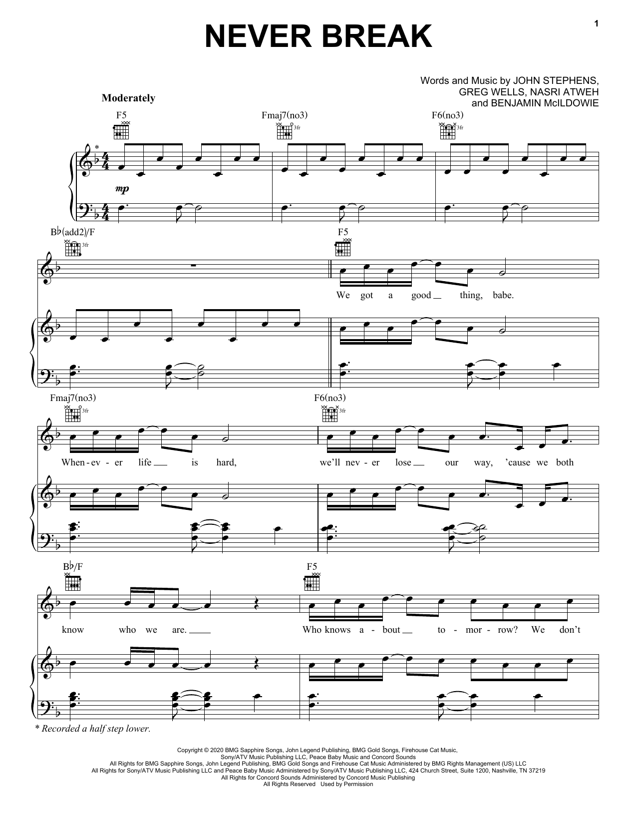 John Legend Never Break sheet music notes and chords. Download Printable PDF.