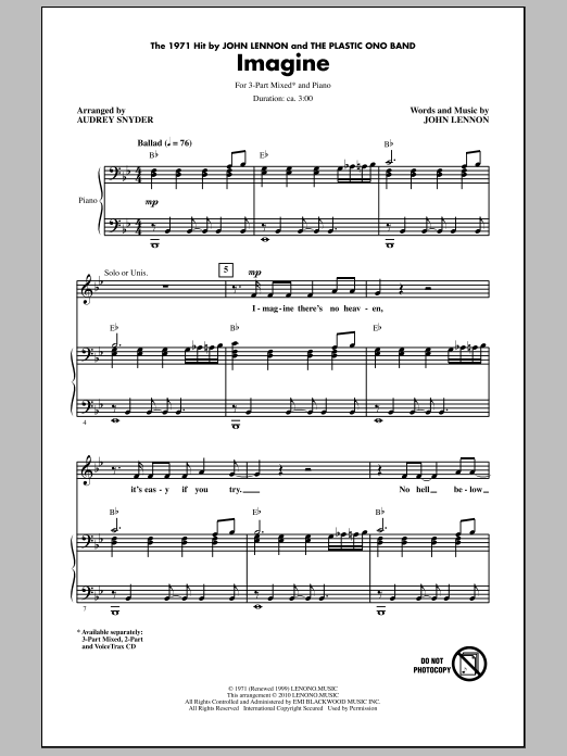 Learn to play John Lennon Imagine (arr. Audrey Snyder) sheet music for 3-Part Mixed Choir in minutes. Price: 3.9900$ John Lennon Imagine (arr. Audrey Snyder) sheet music notes and chords arranged for 3-Part Mixed Choir