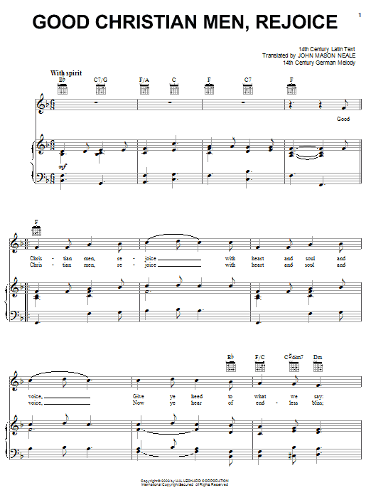 Learn to play John Mason Neale Good Christian Men, Rejoice sheet music for Piano & Vocal in minutes. John Mason Neale Good Christian Men, Rejoice sheet music notes and chords. Download Printable PDF.