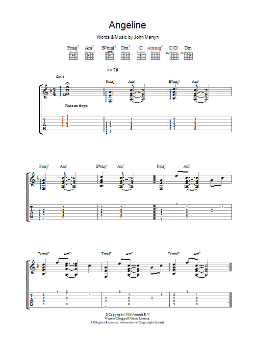 John Martyn Angeline sheet music notes and chords. Download Printable PDF.