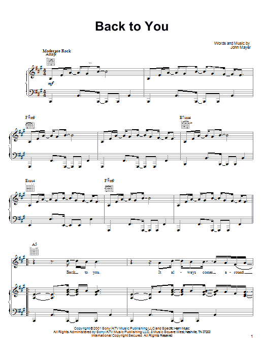 Learn to play John Mayer Back To You sheet music for Easy Piano in minutes. Price: 6.9900$ John Mayer Back To You sheet music notes and chords arranged for Easy Piano