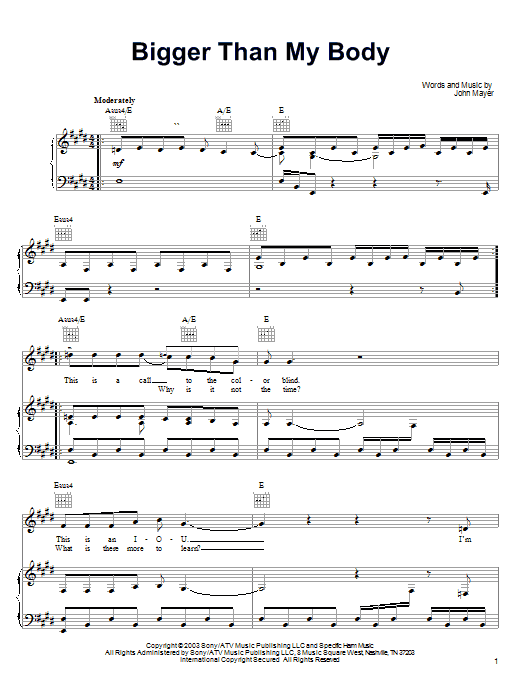 John Mayer Bigger Than My Body sheet music notes and chords. Download Printable PDF.