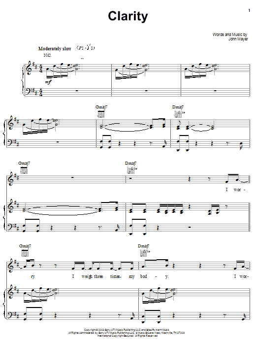 John Mayer Clarity sheet music notes and chords. Download Printable PDF.