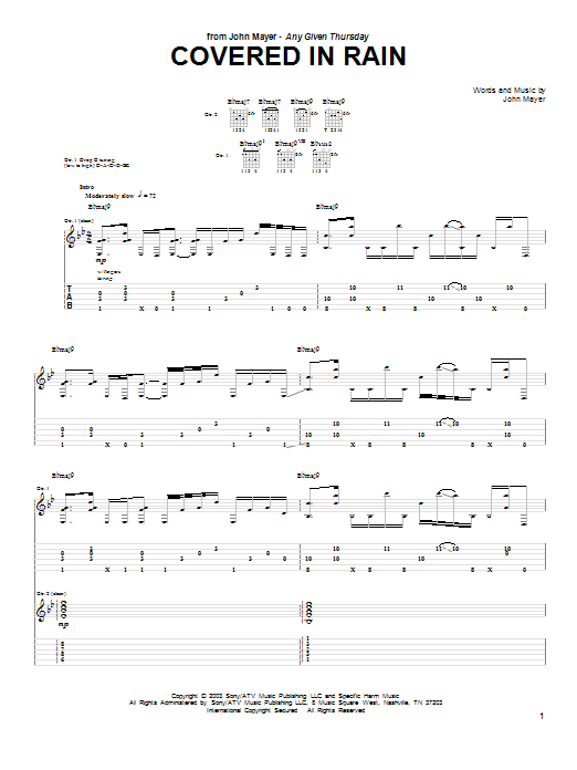 John Mayer Covered In Rain sheet music notes and chords. Download Printable PDF.