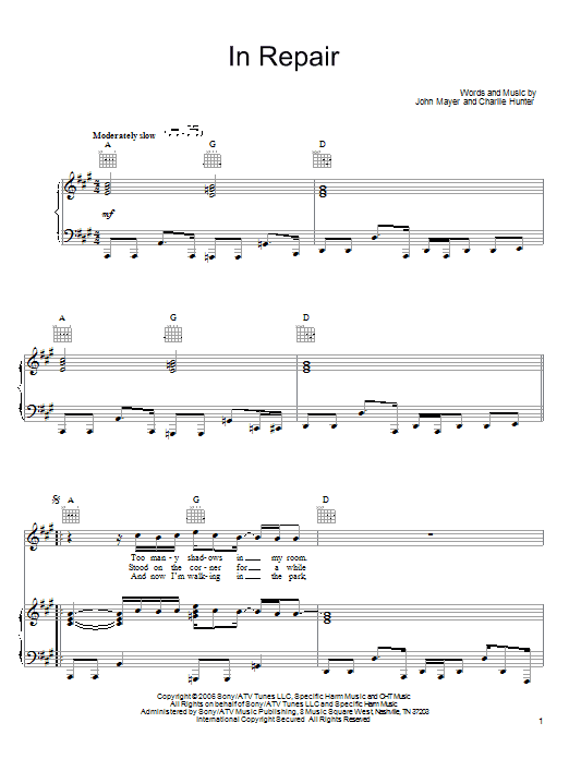 John Mayer In Repair sheet music notes and chords. Download Printable PDF.