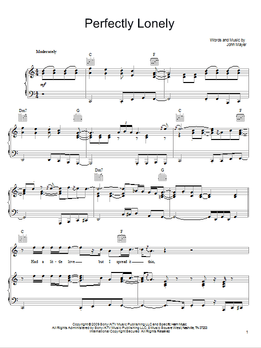 John Mayer Perfectly Lonely sheet music notes and chords. Download Printable PDF.