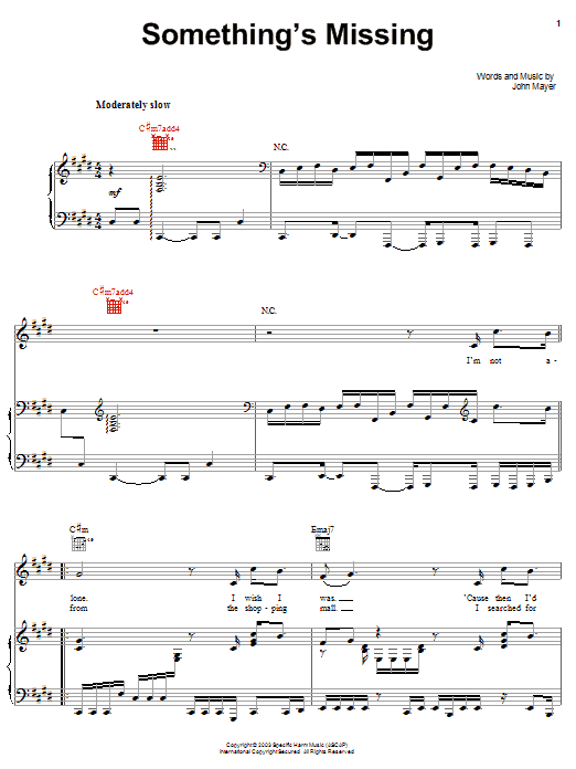 John Mayer Something's Missing sheet music notes and chords. Download Printable PDF.