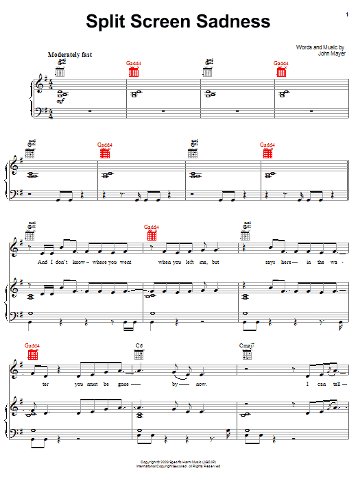 John Mayer Split Screen Sadness sheet music notes and chords. Download Printable PDF.