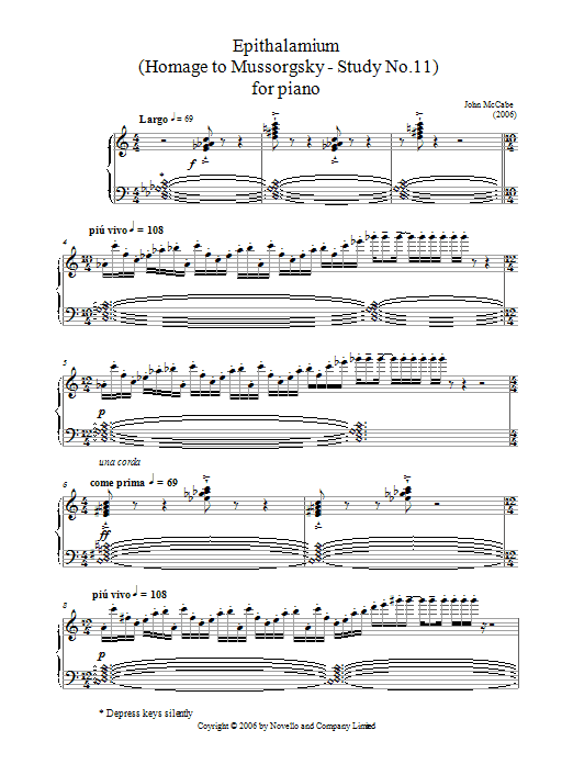 Learn to play John McCabe Epithalamium (Homage To Mussorgsky - Study No.11) For Piano sheet music for Piano Solo in minutes. John McCabe Epithalamium (Homage To Mussorgsky - Study No.11) For Piano sheet music notes and chords. Download Printable PDF.