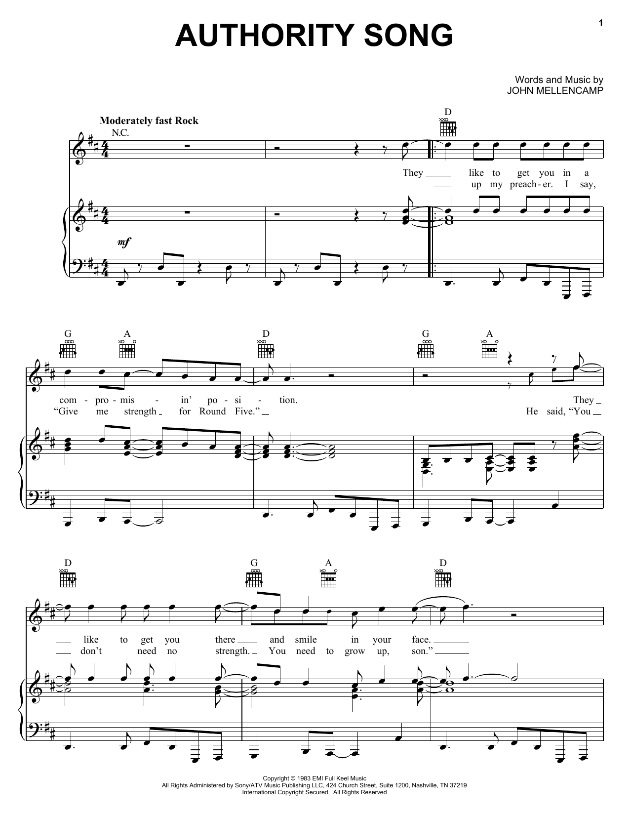 John Mellencamp Authority Song sheet music notes and chords. Download Printable PDF.