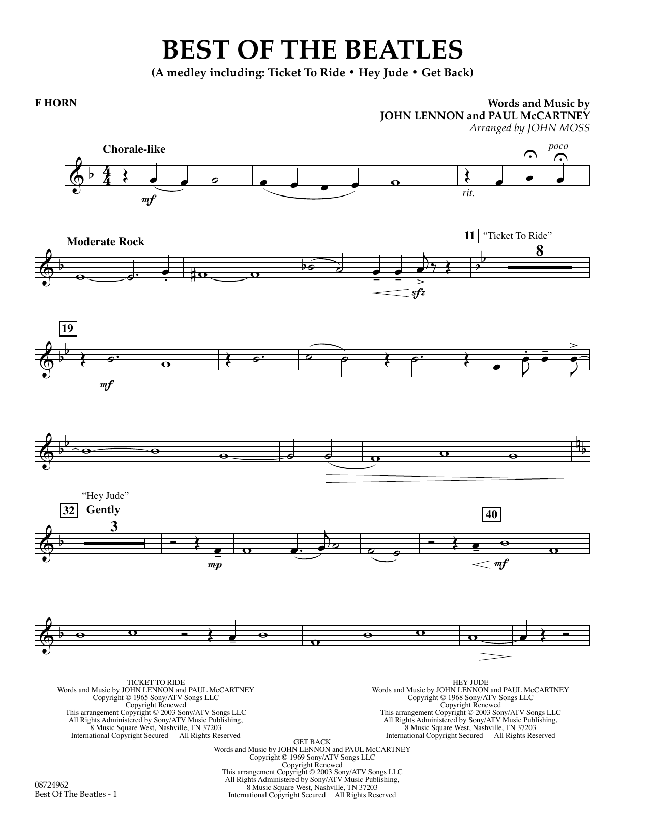 Learn to play John Moss Best of the Beatles - F Horn sheet music for Concert Band in minutes. Price: 5.9900$ John Moss Best of the Beatles - F Horn sheet music notes and chords arranged for Concert Band