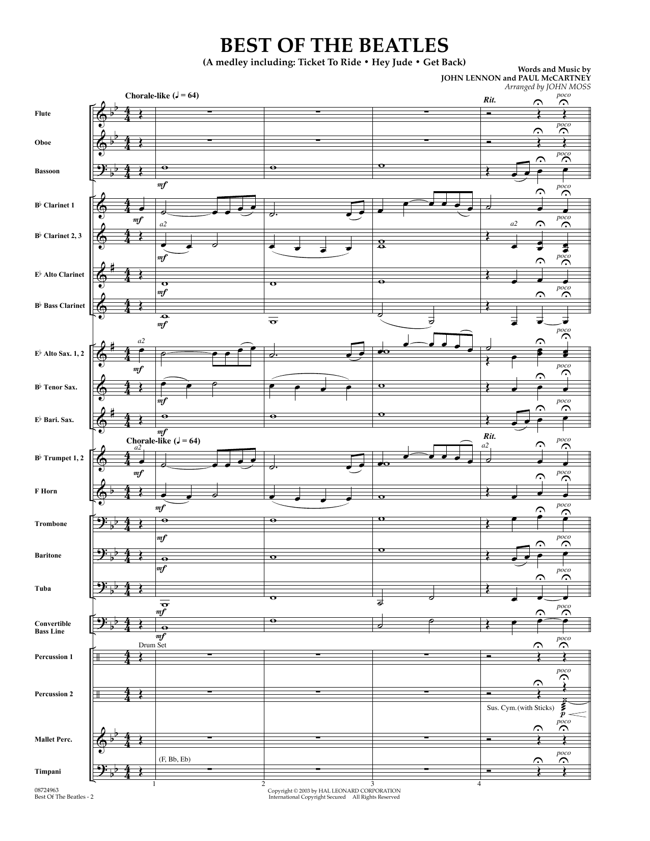 Learn to play John Moss Best of the Beatles - Full Score sheet music for Concert Band in minutes. Price: 9.9900$ John Moss Best of the Beatles - Full Score sheet music notes and chords arranged for Concert Band