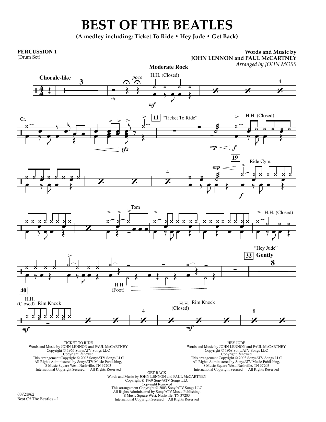 Learn to play John Moss Best of the Beatles - Percussion 1 sheet music for Concert Band in minutes. Price: 5.9900$ John Moss Best of the Beatles - Percussion 1 sheet music notes and chords arranged for Concert Band