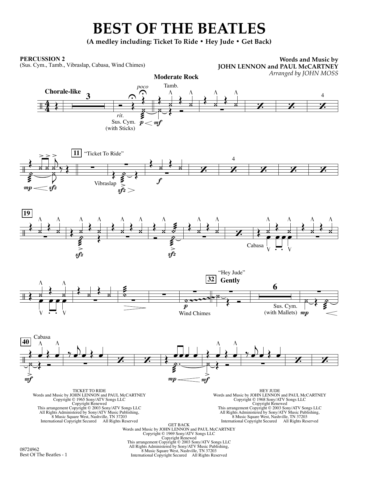 Learn to play John Moss Best of the Beatles - Percussion 2 sheet music for Concert Band in minutes. Price: 5.9900$ John Moss Best of the Beatles - Percussion 2 sheet music notes and chords arranged for Concert Band