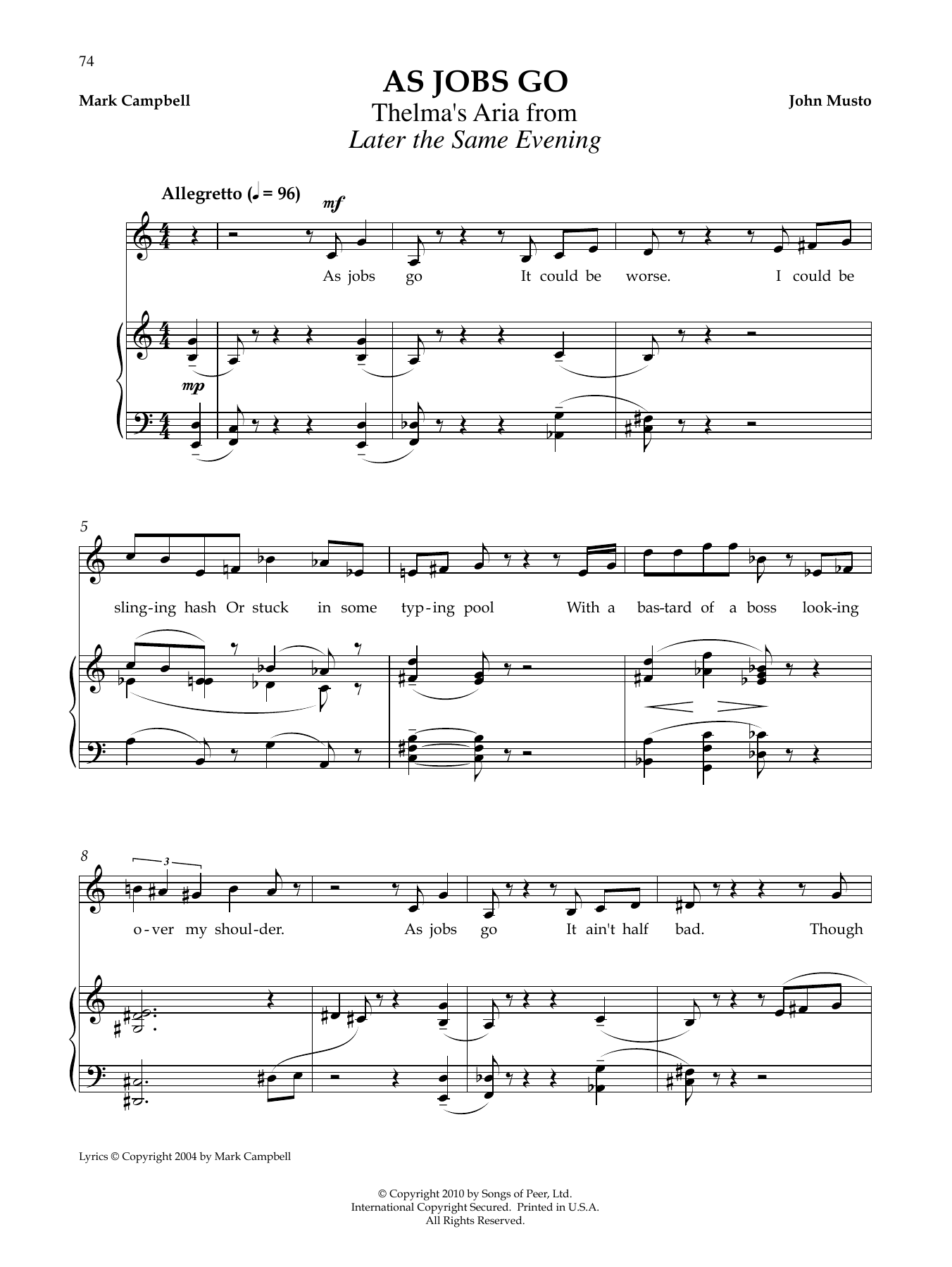 Learn to play John Musto As Jobs Go sheet music for Piano & Vocal in minutes. Price: 6.9900$ John Musto As Jobs Go sheet music notes and chords arranged for Piano & Vocal