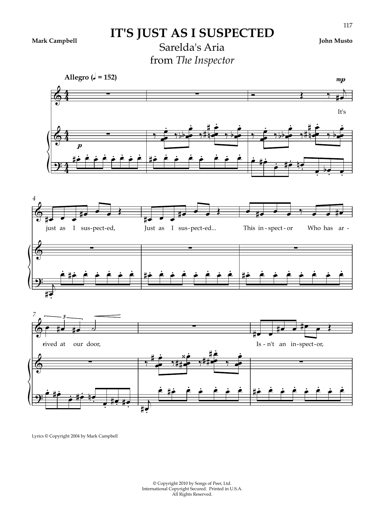 Learn to play John Musto It's Just As I Suspected sheet music for Piano & Vocal in minutes. Price: 6.9900$ John Musto It's Just As I Suspected sheet music notes and chords arranged for Piano & Vocal