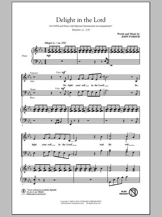 Learn to play John Parker Delight In The Lord sheet music for SATB Choir in minutes. Price: 3.9900$ John Parker Delight In The Lord sheet music notes and chords arranged for SATB Choir