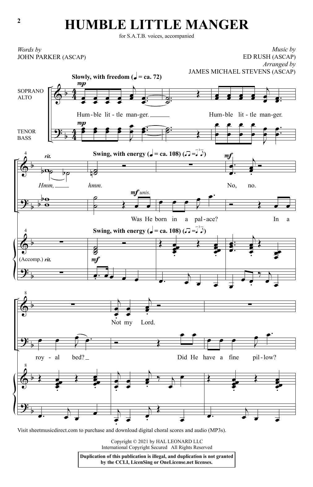 Learn to play John Parker and Ed Rush Humble Little Manger (arr. James Michael Stevens) sheet music for SATB Choir in minutes. Price: 3.9900$ John Parker and Ed Rush Humble Little Manger (arr. James Michael Stevens) sheet music notes and chords arranged for SATB Choir